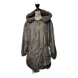 Iridescent Hooded Jacket with Faux Fur Trim Oversized Fall/Winter Wear